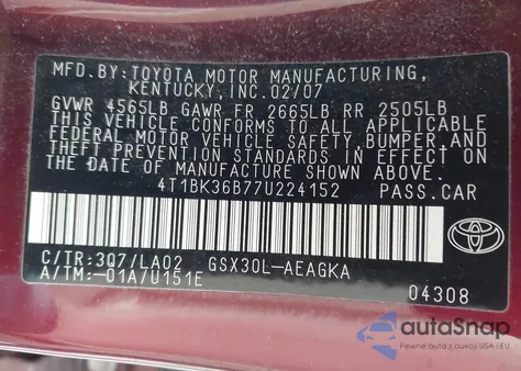 2007 Toyota Avalon Xls z USA, uszkodzony, nr VIN 4T1BK36B77U224152